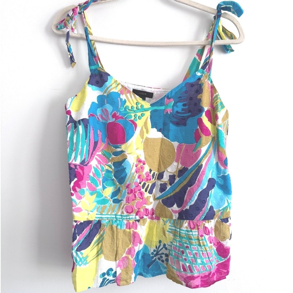 J. Crew Floral Tropical Peplum Tie Shoulder Tank Size 8 100% Cotton Cottagecore